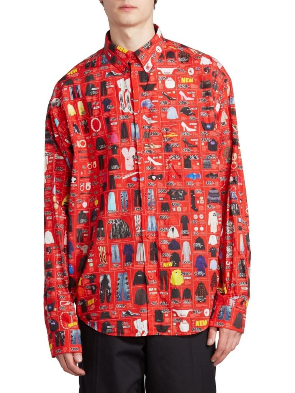 $1190 Balenciaga Men's Long Sleeve Media Cotton Shirt Red Multi Size 43 / US 17